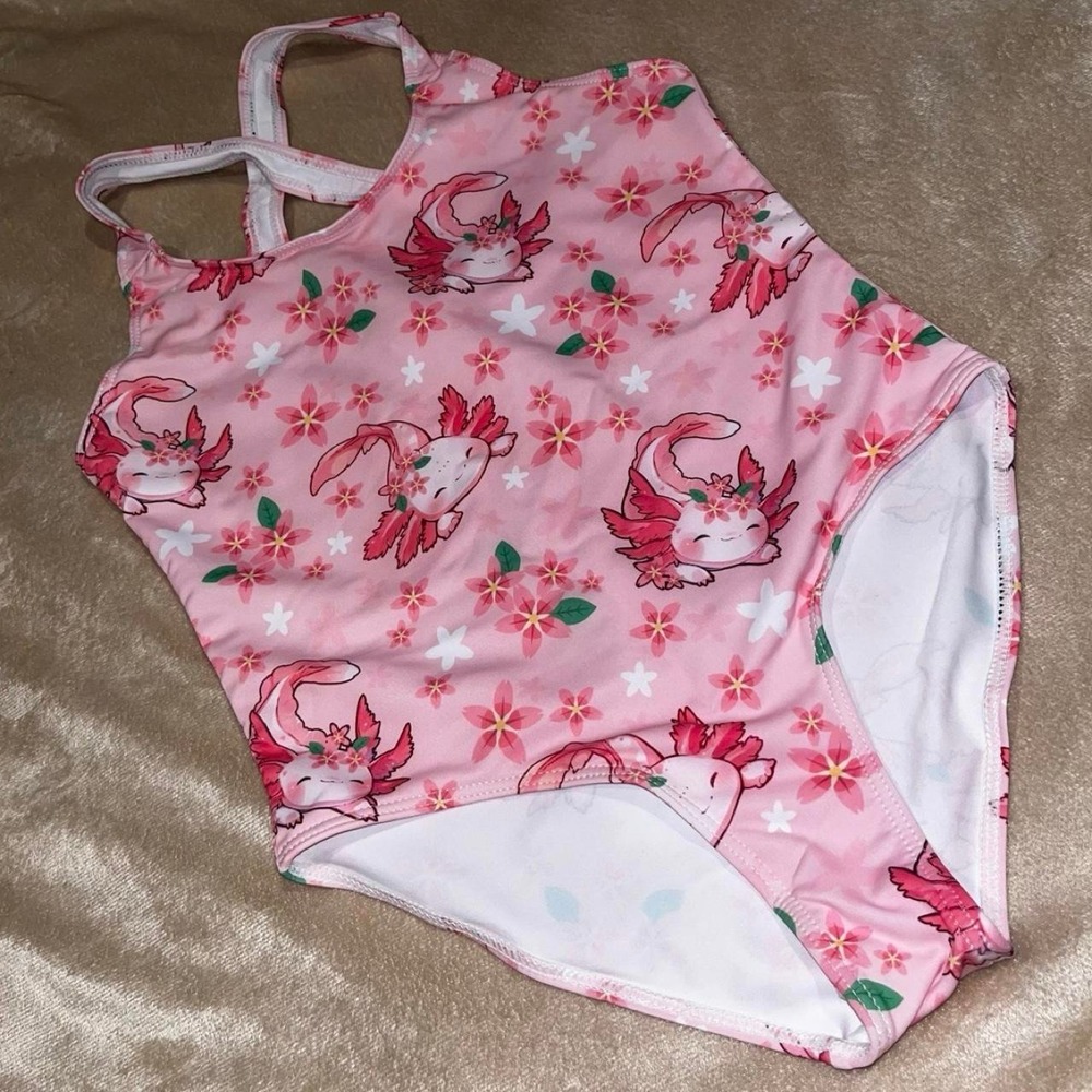 Axolotl Girls Swimsuit One Piece Bathing Suit Crossed Back, sz 9-10